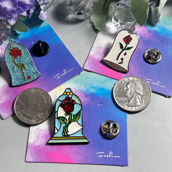 Beauty Beast Rose Lapel Pin Glass Cover Belle Princess Brooch Badge Gift Set Pin - Picture 4 of 6